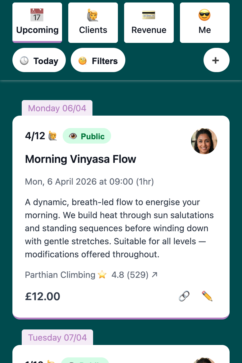 Woven admin dashboard showing upcoming classes with capacity, pricing, and public/private status