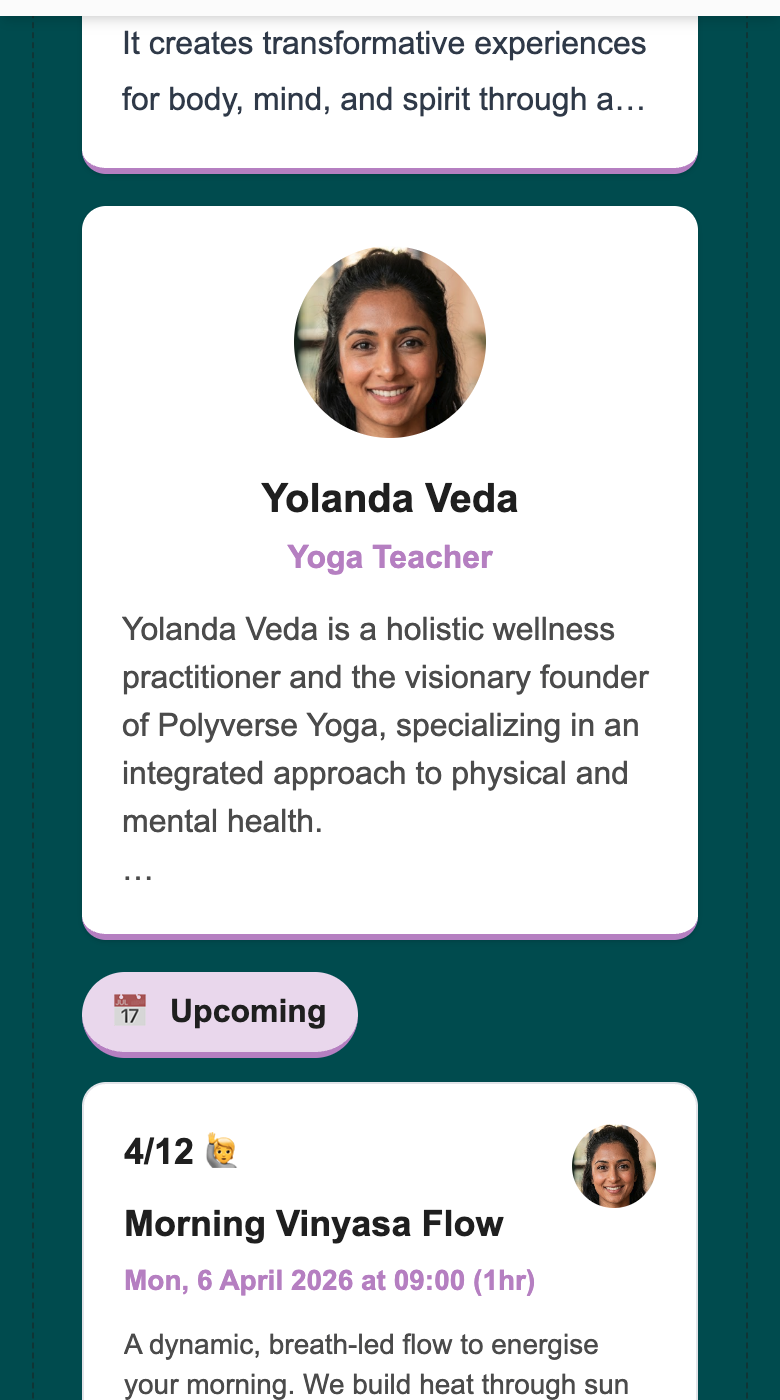 Woven public booking page — what your clients see when booking a class