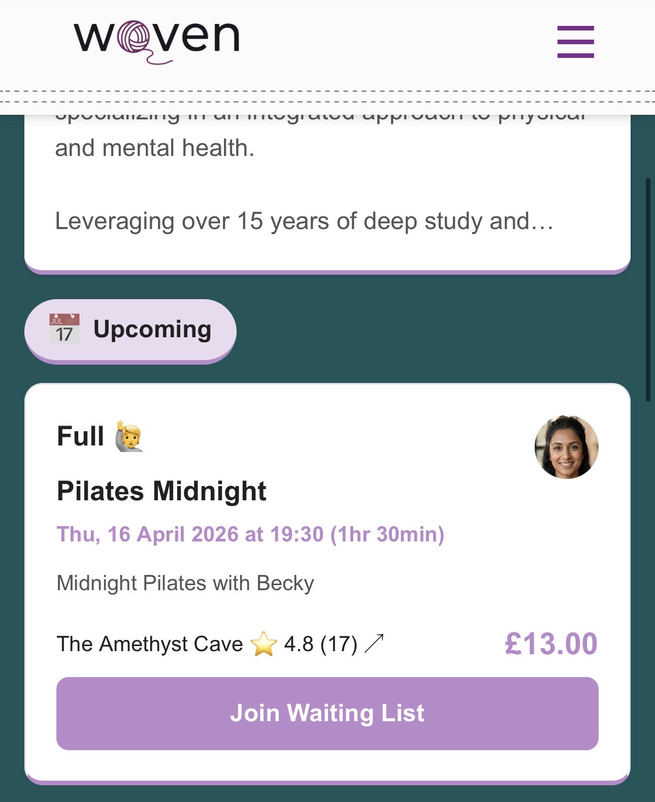 Woven public booking page showing a full Pilates class with a Join Waiting List button