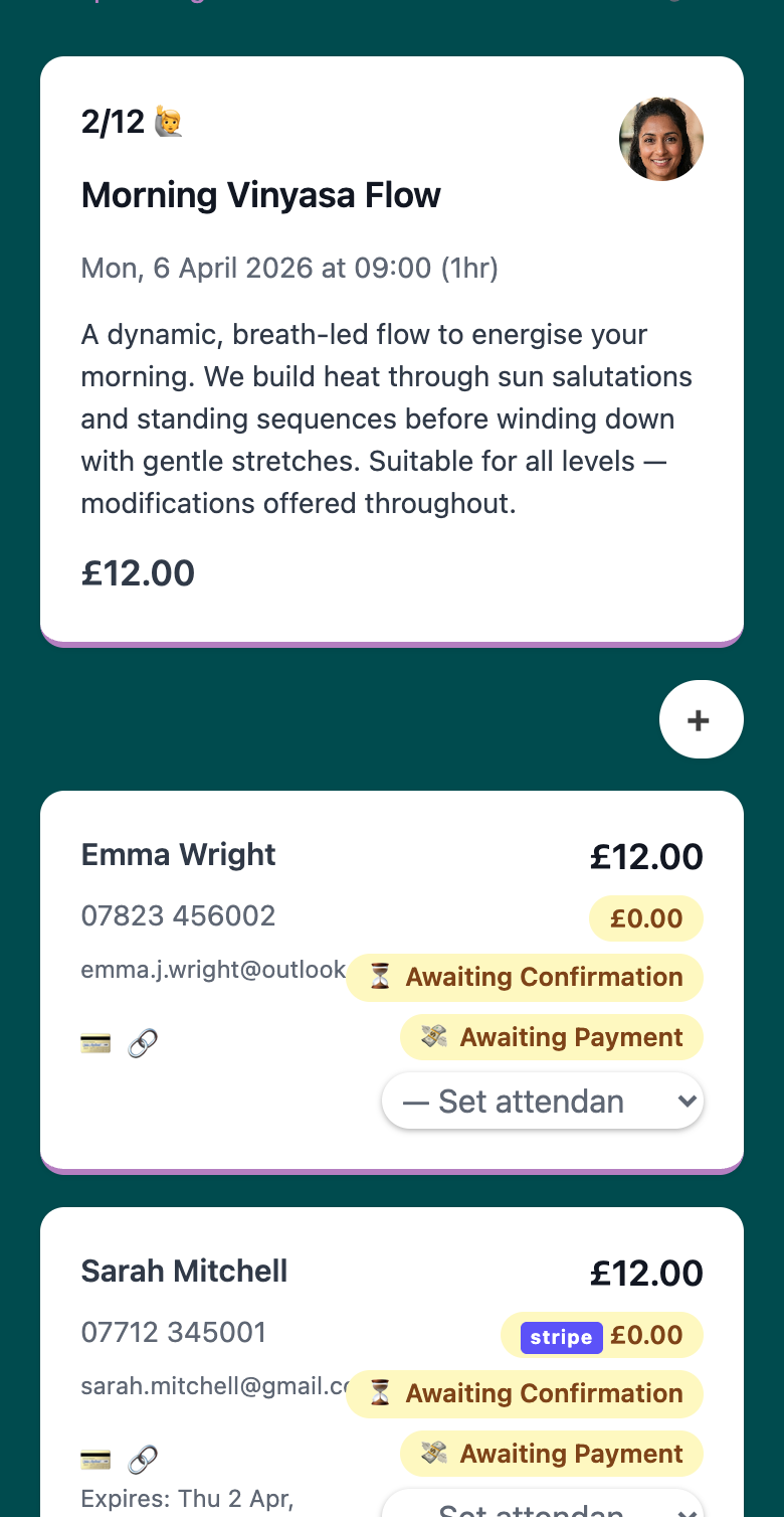 Woven admin booking card showing a generated payment link with copy button and expiry timestamp