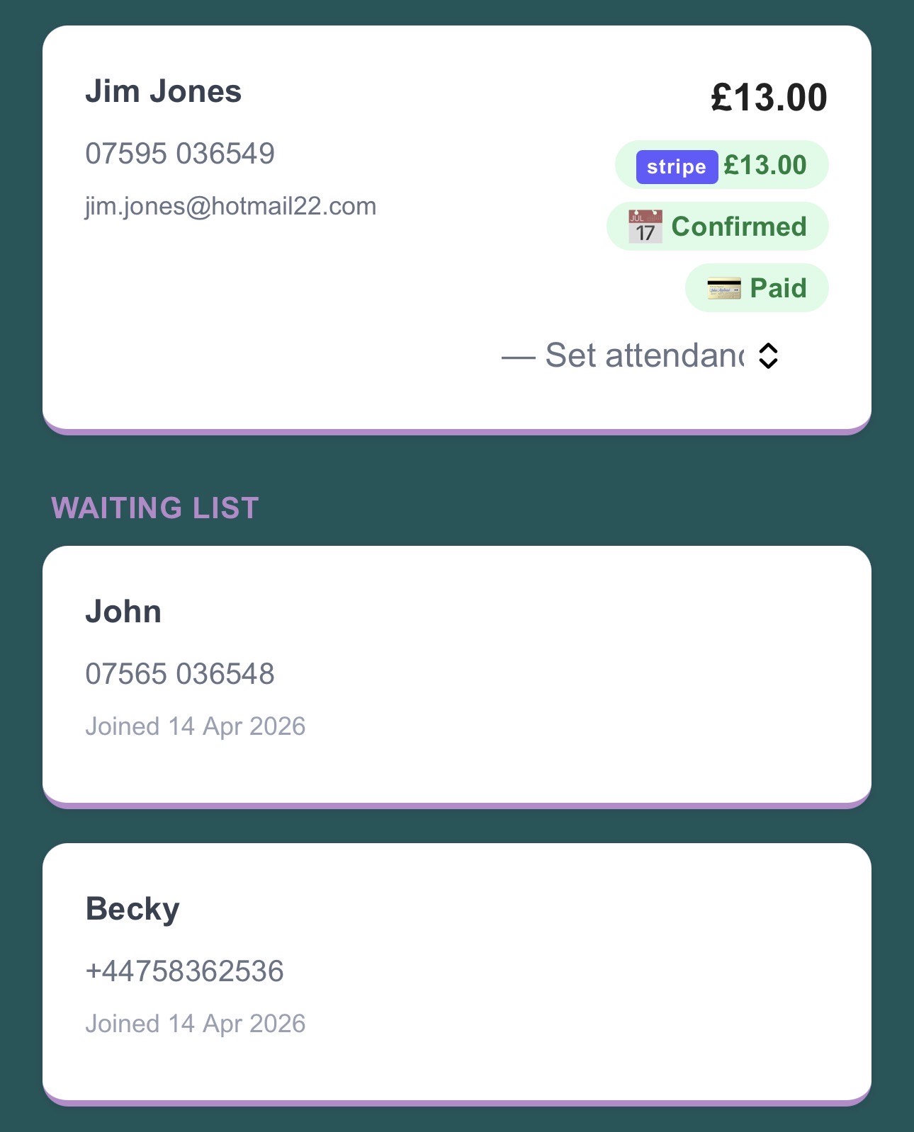 Admin class detail page showing waitlist cards with client names and phone numbers below the attendee list