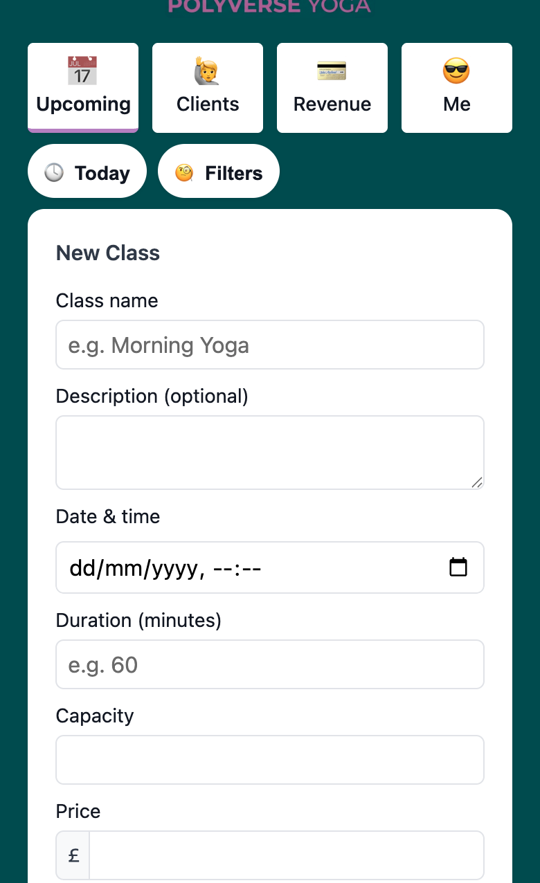 Woven admin new class creation form showing fields for class name, description, date and time, duration, capacity, price, and location