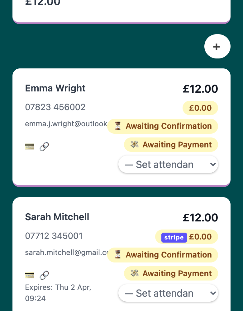 Woven attendee booking card showing Emma Wright with Awaiting Confirmation and Awaiting Payment status badges and Set attendance dropdown