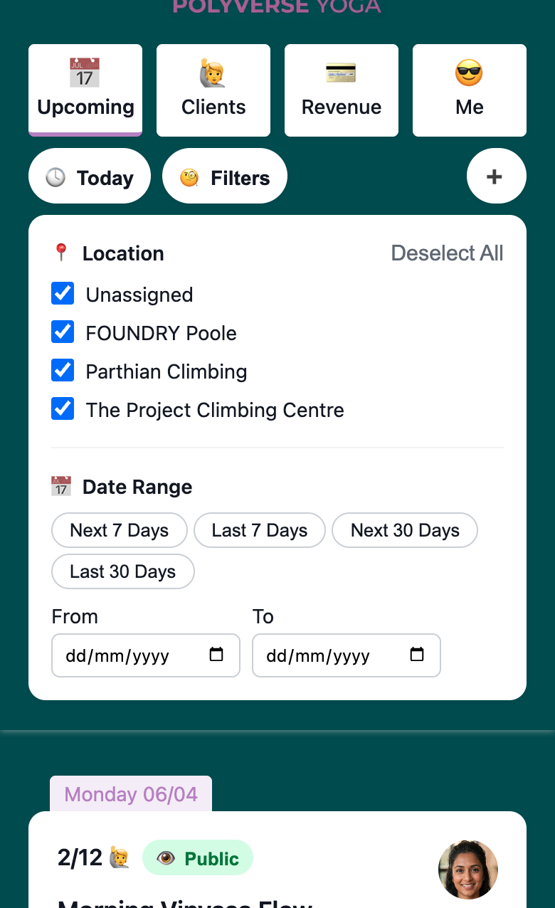 Woven admin upcoming classes list showing the filter panel open with location checkboxes and date range controls
