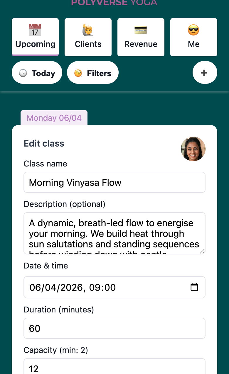 Woven admin edit class form showing pre-filled fields for class name, description, date and time, duration, and capacity