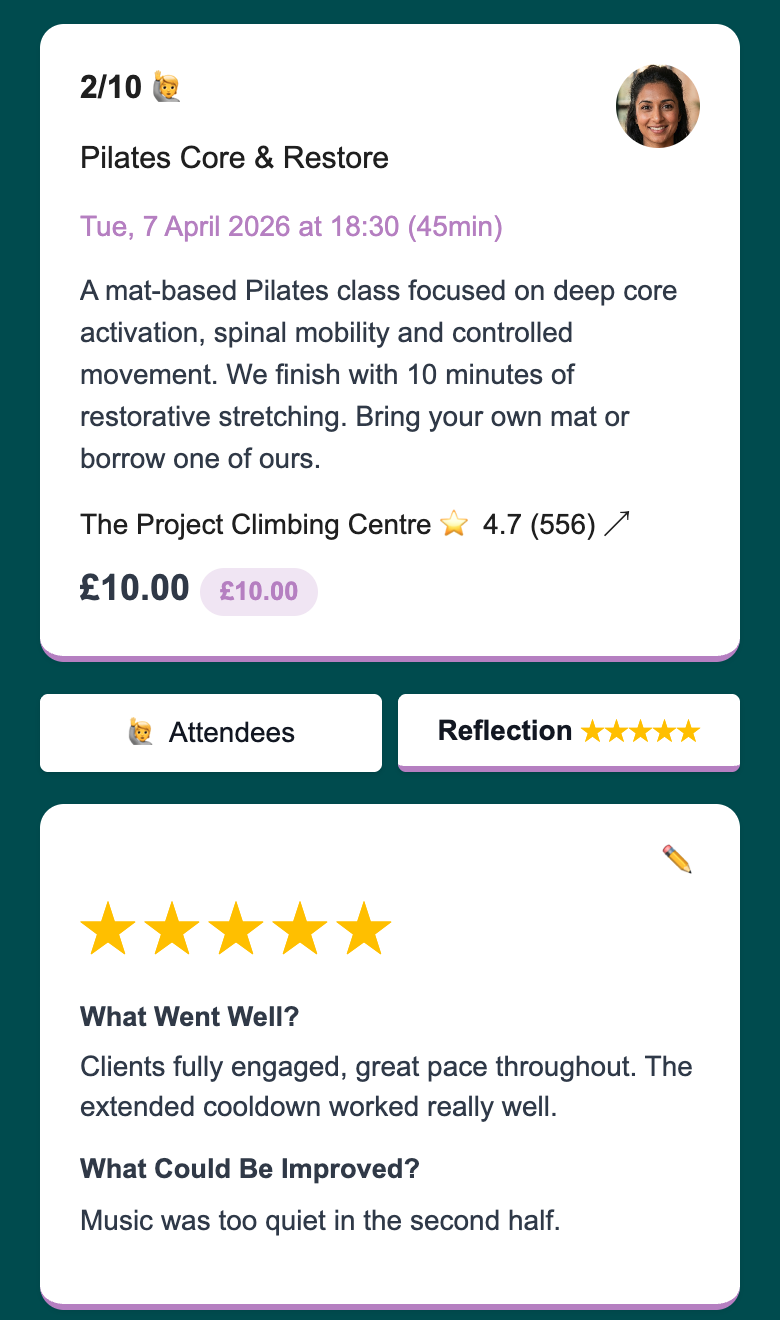 Woven reflection tab showing a completed class reflection with star rating and instructor notes