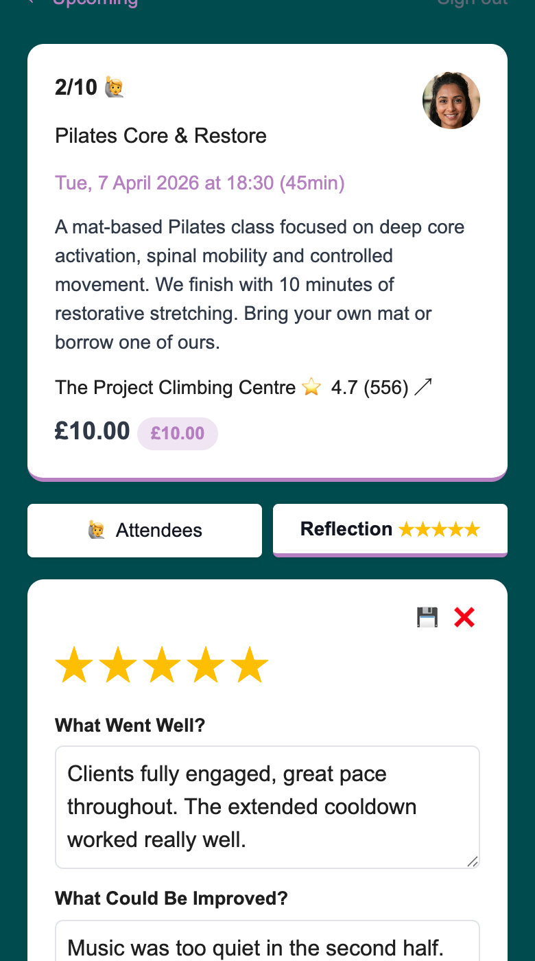 Woven reflection edit form showing a 5-star rating and text fields for What Went Well and What Could Be Improved