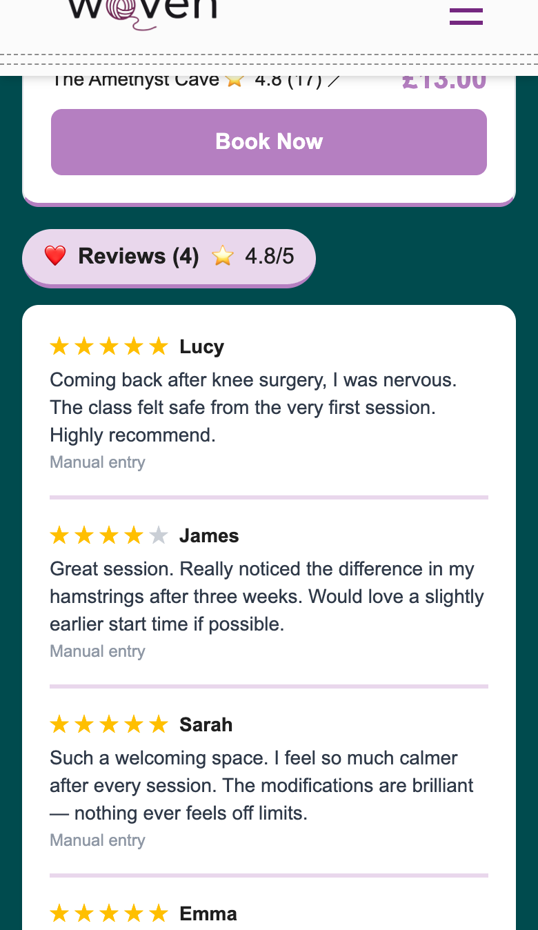 Woven public profile reviews section showing star rating average, review count, and individual client reviews with first name and feedback text