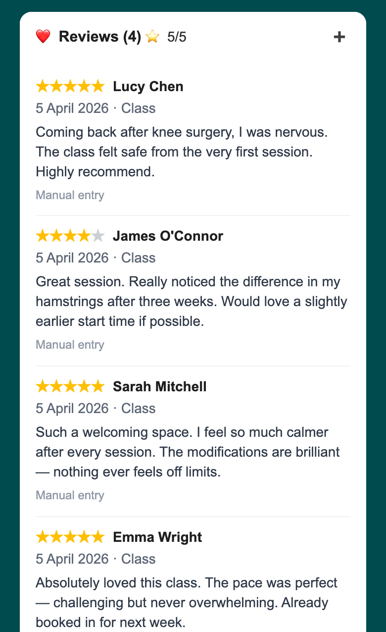 Woven Me/Bio reviews section showing five client reviews with star ratings and feedback text, including source labels for WhatsApp and manual entries