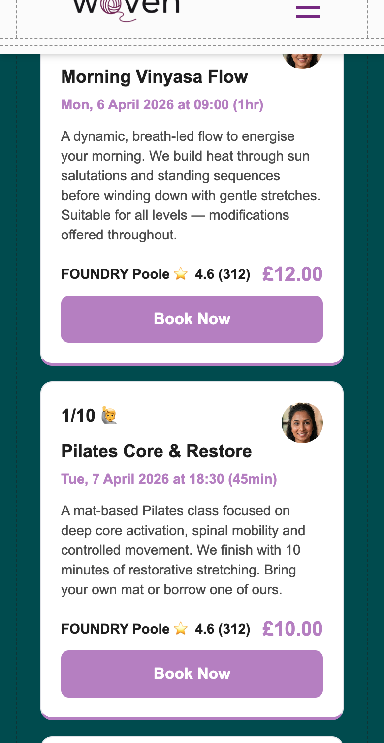 Woven public page showing upcoming class listings with class name, date, time, location, price, and Book Now buttons