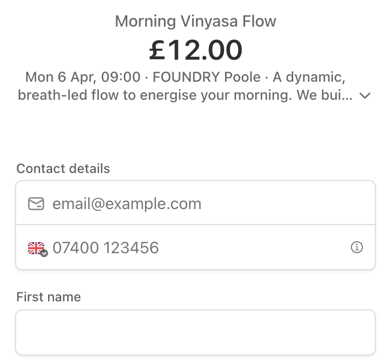 Stripe checkout page showing class name, price, contact details fields, and card payment form