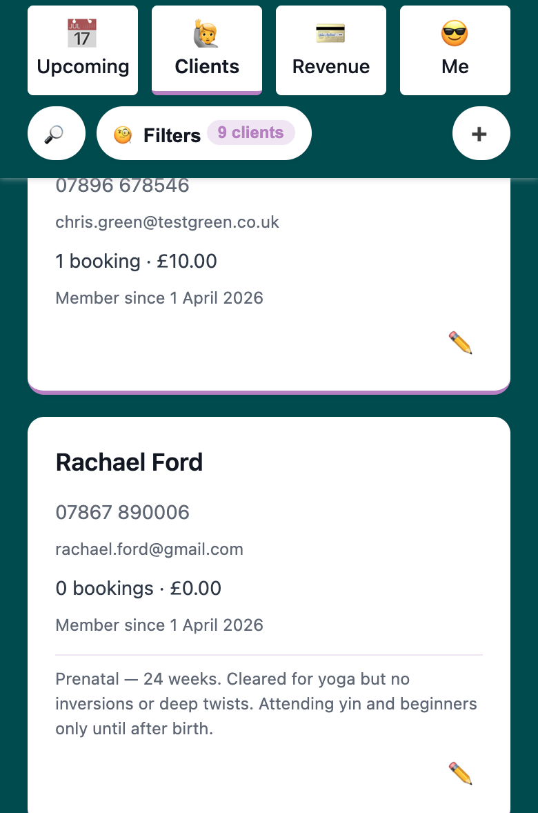 Clients tab showing client cards with name, phone, email, booking count, and membership date