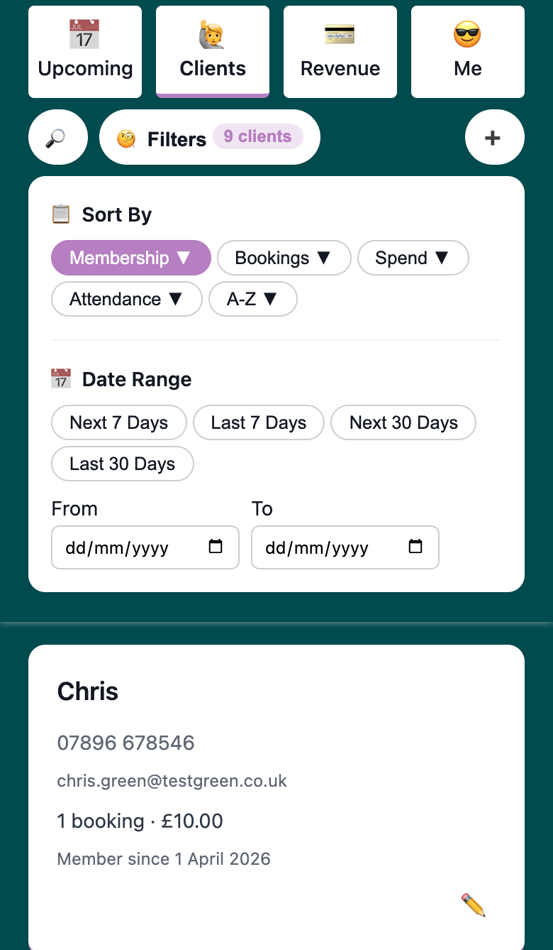 Filter panel open showing sort options (Membership, Bookings, Spend, Attendance, A-Z) and date range filters