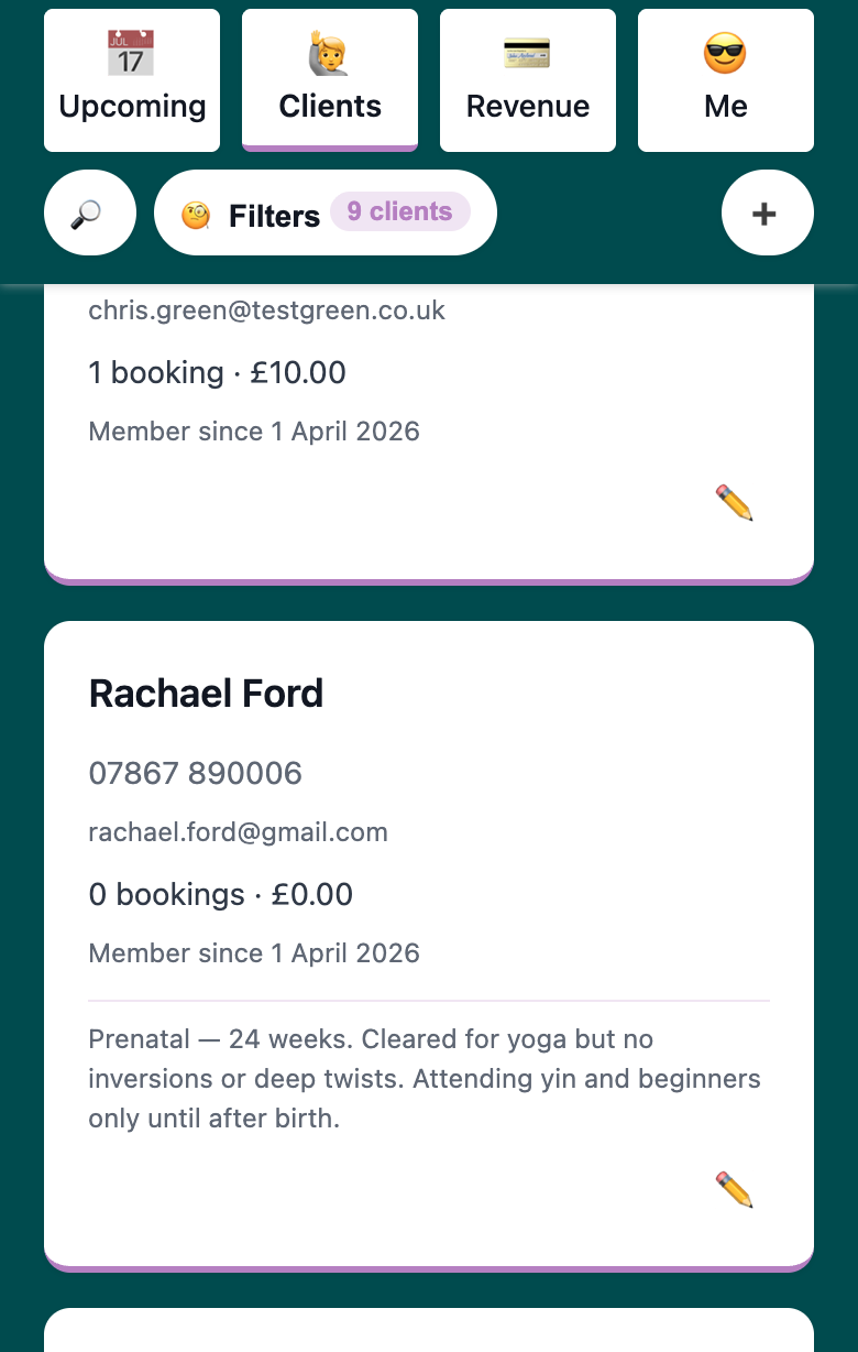 Client card showing name, phone, email, booking count, membership date, and client notes