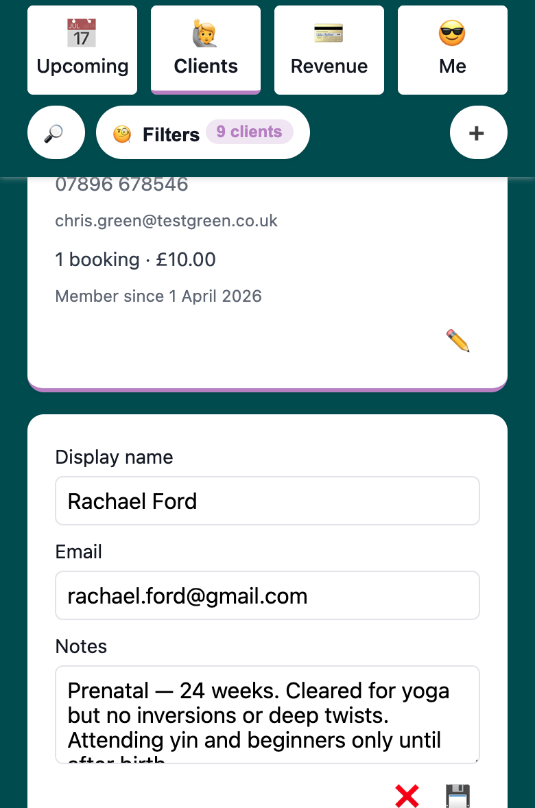 Client edit form showing the Notes textarea with real client note content