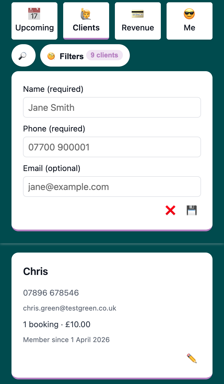 Add client form showing Name (required), Phone (required), and Email (optional) fields