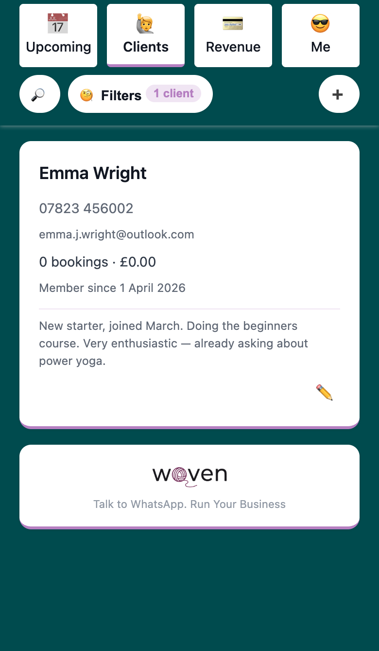Search mode showing a filtered client list with one result for Emma Wright