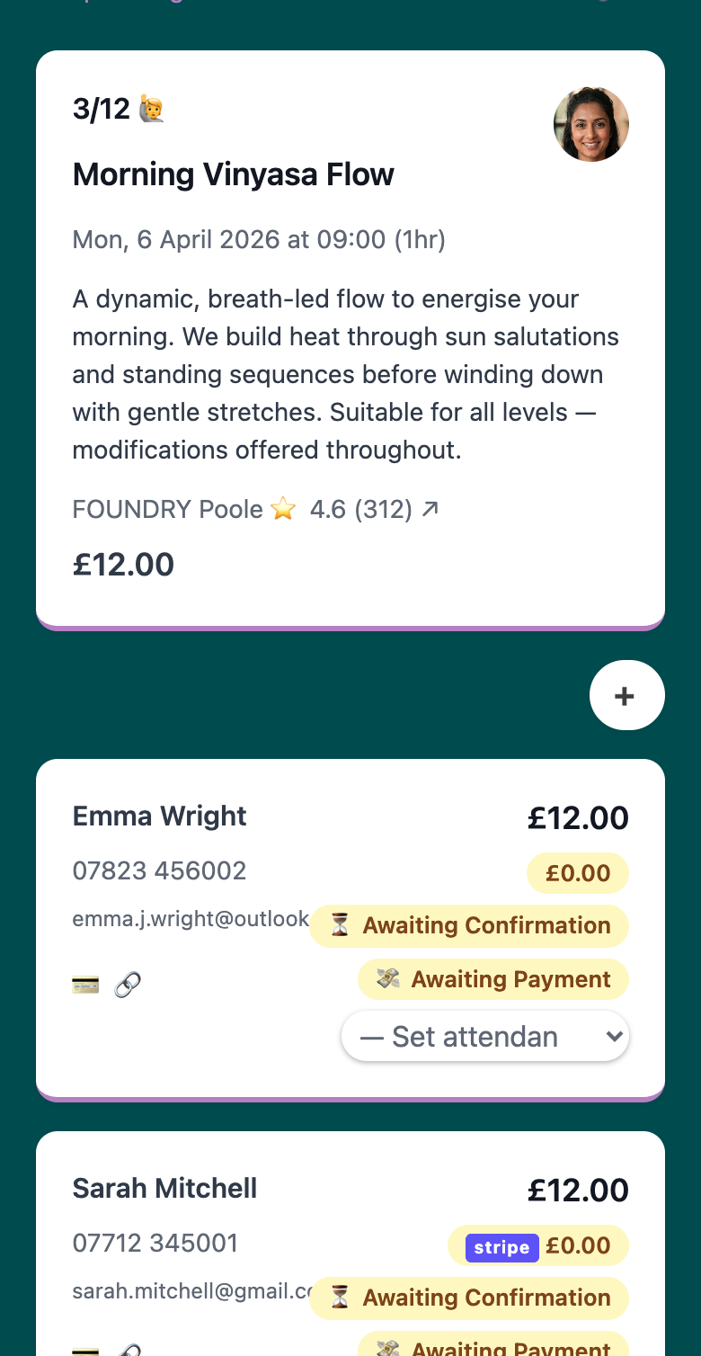 Woven admin class detail showing booking cards with Awaiting Confirmation and Awaiting Payment status badges for each attendee